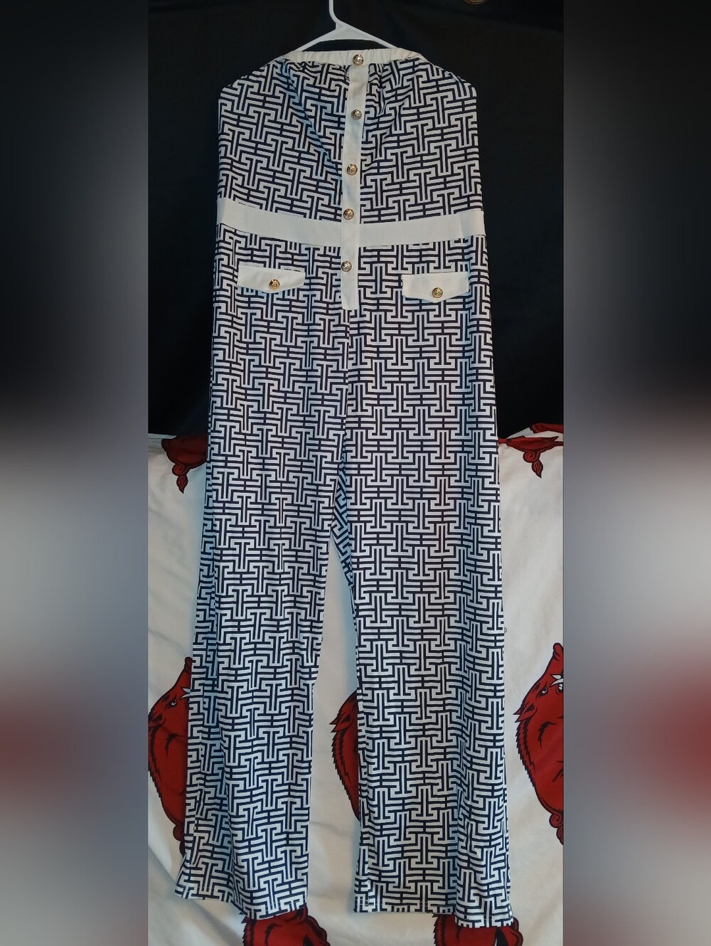 Women's Navy & White Geometric Wide-Leg Jumpsuit